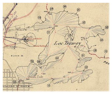 Détail d’une carte de Jules-Paul Castonguay où l’on peut lire Lac Trémoy, 7 mai 1923. 