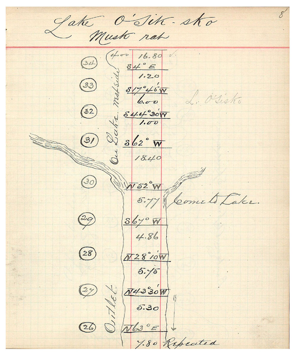 Détail du carnet d’arpenteur de John Bignell avec les différents points géomatiques relevés sur le lac Osisko.